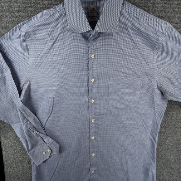 Peter Millar 16.5 Tall Blue Houndstooth Nanoluxe Easy Care Button Up Cotton - Picture 2 of 16